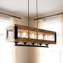 Load image into Gallery viewer, Kitchen Island Five Light Wood Seeded Glass Chandelier With Shades - Brown / Black