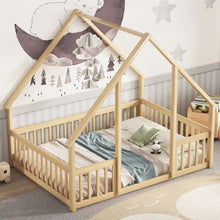 Load image into Gallery viewer, Wood House-Shaped Floor Bed With Fence, Guardrails