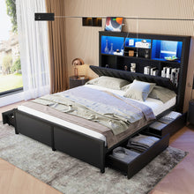 Load image into Gallery viewer, Bed Frame With High Storage Headboard, LED Light And Charging Station, 4 Storage Drawers