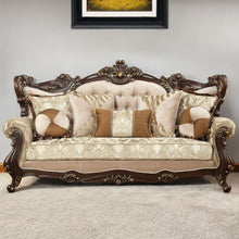 Load image into Gallery viewer, Polyester Blend Curved Damask Sofa And Toss Pillows With Brown Legs - Beige