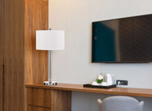Load image into Gallery viewer, Metal Cylinder USB Table Lamp With White Drum Shade - Nickel