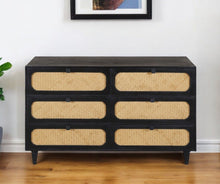 Load image into Gallery viewer, 56" Solid Wood And Rat Six Drawer Double Dresser - Black And Natural
