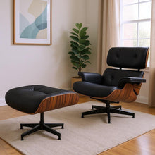 Load image into Gallery viewer, 28" Mid-Century Tufted Genuine Leather Lounge Chair With Ottoman - Rosewood