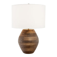 Load image into Gallery viewer, 23" Solid Wood Textured Abstract LED Table Lamp With White Drum Shade - Brown / White