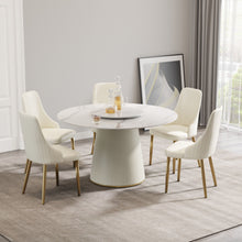 Load image into Gallery viewer, Modern Artificial Stone Round Plywood Base Dining Table, Can Accommodate 6 People, Artificial Stone Turntable (Not Including Chairs) - White / Beige