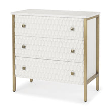 Load image into Gallery viewer, 32" Wood And Metal Carved Geometric Accent Cabinet With Three Drawers - Gold / White