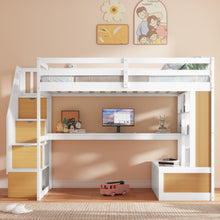 Load image into Gallery viewer, Full Size Loft Bed With Desk And Shelves, 2 Built In Drawers, Storage Staircase - Natural / White