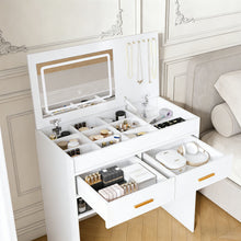 Load image into Gallery viewer, Flip Top Vanity Desk With LED Mirror & Outlet Makeup Table With 2 Drawers, Open Storage, And Jewelry Hooks - White