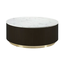 Load image into Gallery viewer, Faux Marble Solid Wood And Steel Round Drum Coffee Table - White / Espresso / Gold