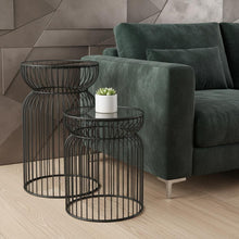 Load image into Gallery viewer, Tempered Glass Metal Wire Round Drum End Tables (Set of 2) - Clear / Black