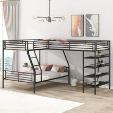 Load image into Gallery viewer, L-Shaped Twin Over Full Bunk Bed And Twin Loft Bed With 4 Built In Shelves - Black
