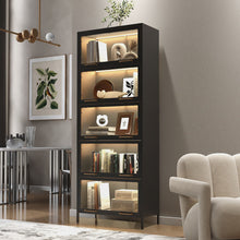 Load image into Gallery viewer, Modern Steel Display Cabinet With Glass Doors And LED Lights, 5 Tier Steel Barrister Bookcase For Home Or Office - Black