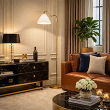 Load image into Gallery viewer, Majestic - Ring Base Curved Floor Lamp With Triangle Drum Shade - Gold / White