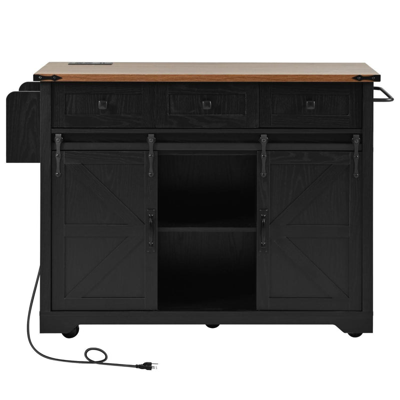 Brown And Wood Flat Door Rolling Kitchen Cart With Storage With USB (755917) - Black