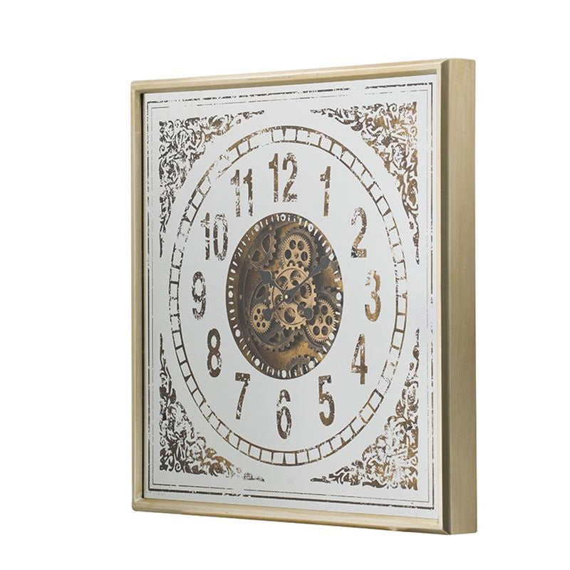 Square Mirror Analog Exposed Gear Wall Clock - Gold / Silver