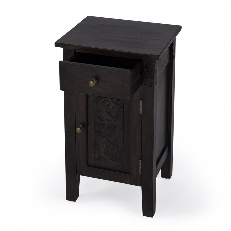 Solid Wood End Table With Door And Drawer - Dark Brown