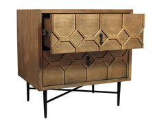 Load image into Gallery viewer, 28" Two Drawer Distressed Carved Geometric Solid Wood Nightstand - Natural
