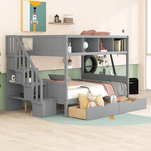 Load image into Gallery viewer, Twin over Full Bunk Bed with Shelfs, Storage Staircase and 2 Drawers, Gray
