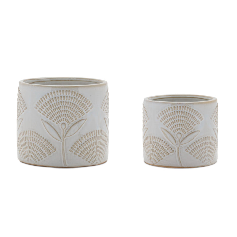 Porcelain Leaf Round Pot Planters (Set of 2) - White / Beige