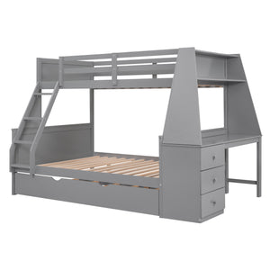 Twin over Full Bunk Bed with Trundle and Built-in Desk, Three Storage Drawers and Shelf,Gray