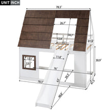 Load image into Gallery viewer, Wood Twin Size House Bunk Bed With Roof, Ladder And Slide - White / Brown
