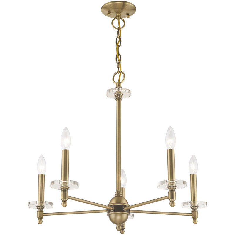 Five Light Metal Dimmable Chandelier With Shades - Antiqued Brass / Clear