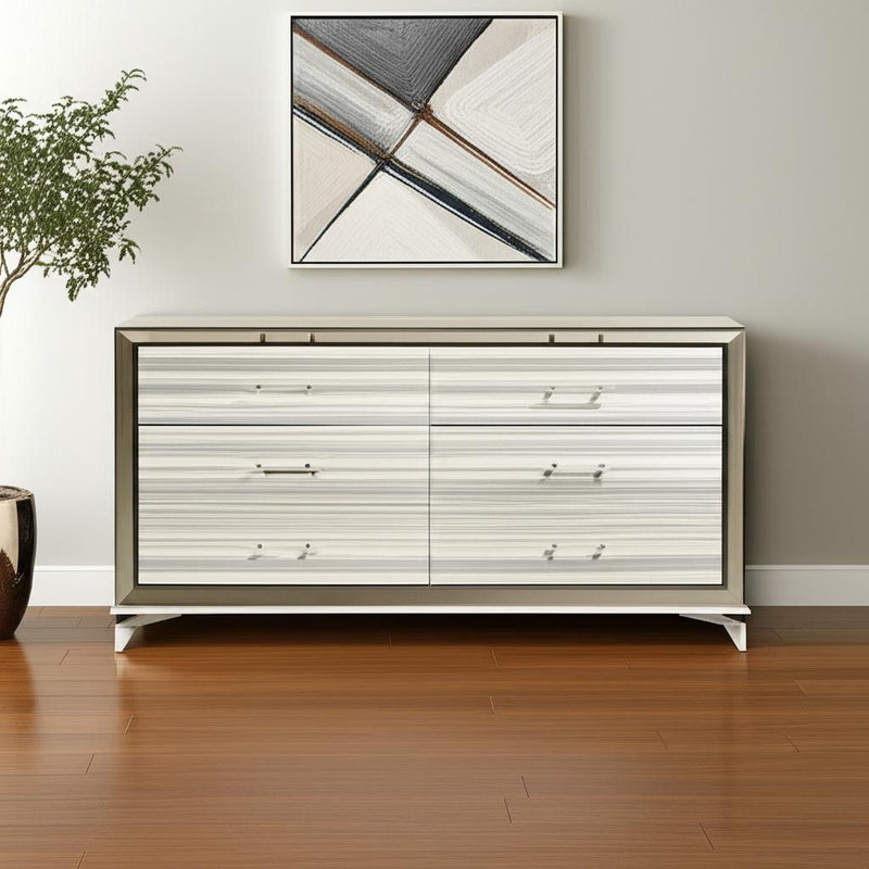 64" Wood Six Drawer Double Dresser - Silver And White