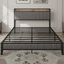 Load image into Gallery viewer, Queen Size Bed Frame with Charging Station, Upholstered Headboard, Metal Platform, Grey
