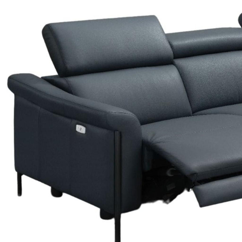 Leather Reclining Wood USB Sofa - Blue