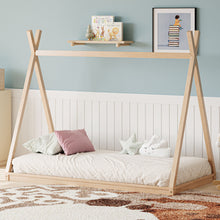 Load image into Gallery viewer, Wood Tent Bed For Kids, Montessori Style Low - Floor Bed, House-Shape Tent Bed Frame
