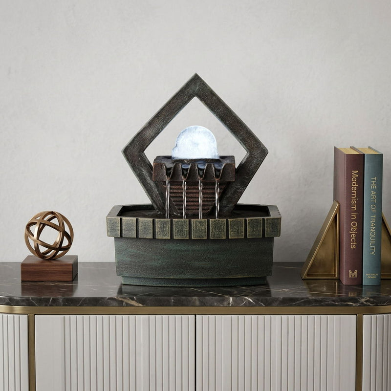 Poly Geo Pebbles Tabletop Fountain With LED Light - Brown