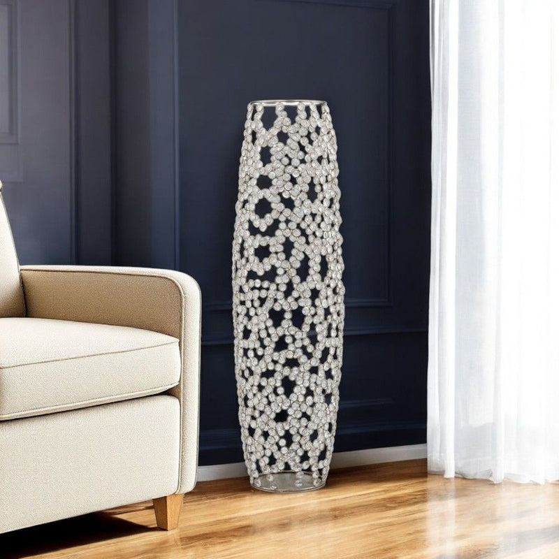 Cylinder Floor Vase With Faux Crystals - Silver