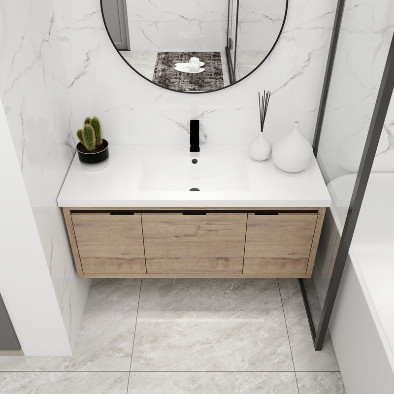 Modern Floating Bathroom Vanity Cabinet With Resin Sink Soft Close Doors And Drawer - Imitative Oak