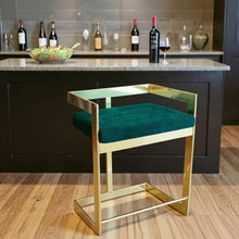 Load image into Gallery viewer, 30" Metal And Velvet Low Back Bar Height Bar Chair - Green / Gold
