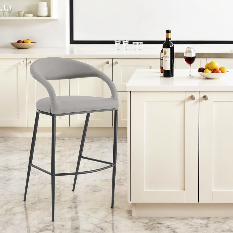 30" Contemporary Faux Leather And Iron Low Back Bar Height Bar Chair - Gray