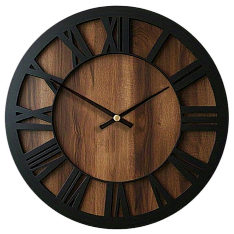 Silent Analog Round Wall Clock - Black / Brown