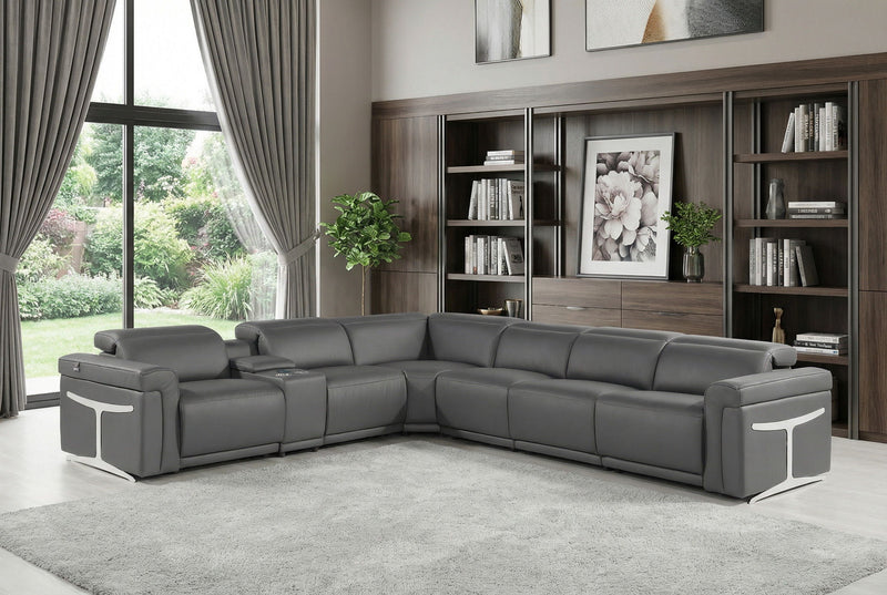 Italian Leather Modular L-Shaped Seven Piece Corner Sectional With Console - Gray