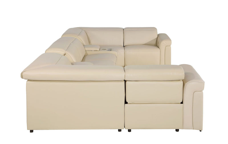 Italian Leather Power Reclining U Shaped Eight Piece Sectional With Console - Beige