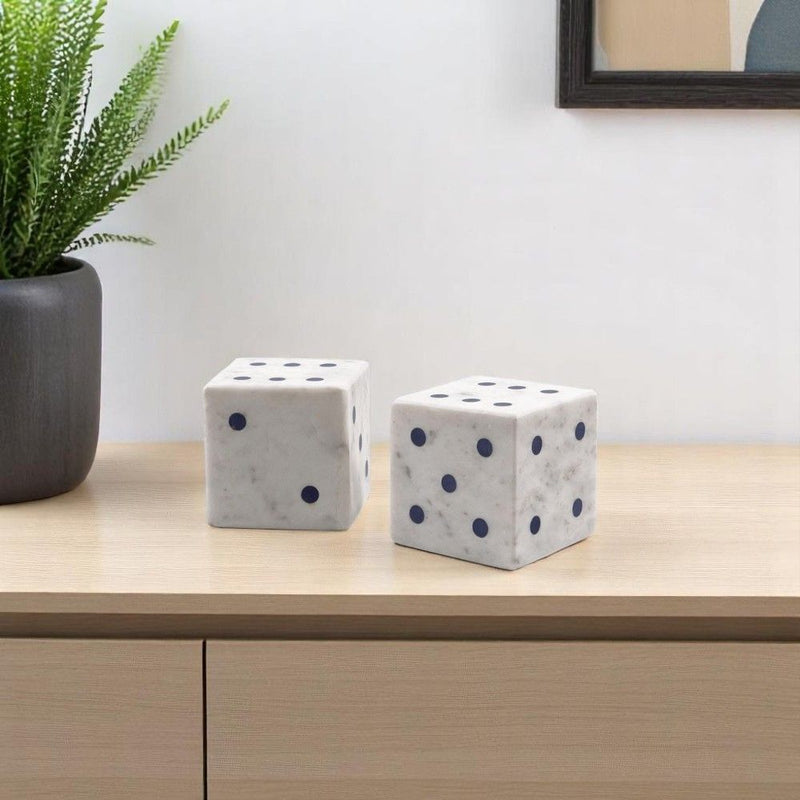 Marble Hand Painted Dice Tabletop Sculpture (Set of 2) - White