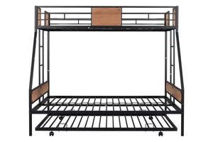 Metal Twin over Full Bunk Bed with Trundle/ Heavy-duty Sturdy Metal/ Noise Reduced/ Safety Guardrail/ Wooden Decoration/ Convenient Trundle / Bunk Bed for Three/ CPC Certified/ No Box Spring Needed