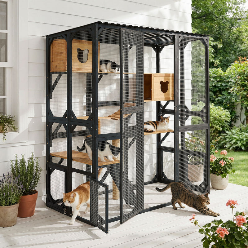 Outdoor Cat Enclosure With Sleeping Houses, Jumping Platforms, Scratching Post