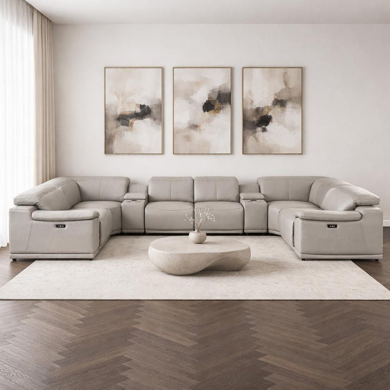 Leather Modular U-Shaped Eight Piece Corner Sectional With Console - Ash / Gray