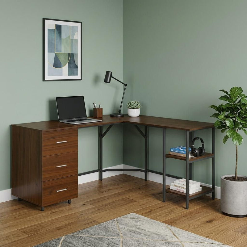 Stainless L Shape Computer Desk With Three Drawers - Walnut