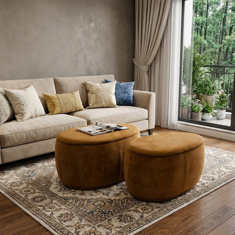 Chenille Oval Ottoman With Storage (Set of 2) - Gold