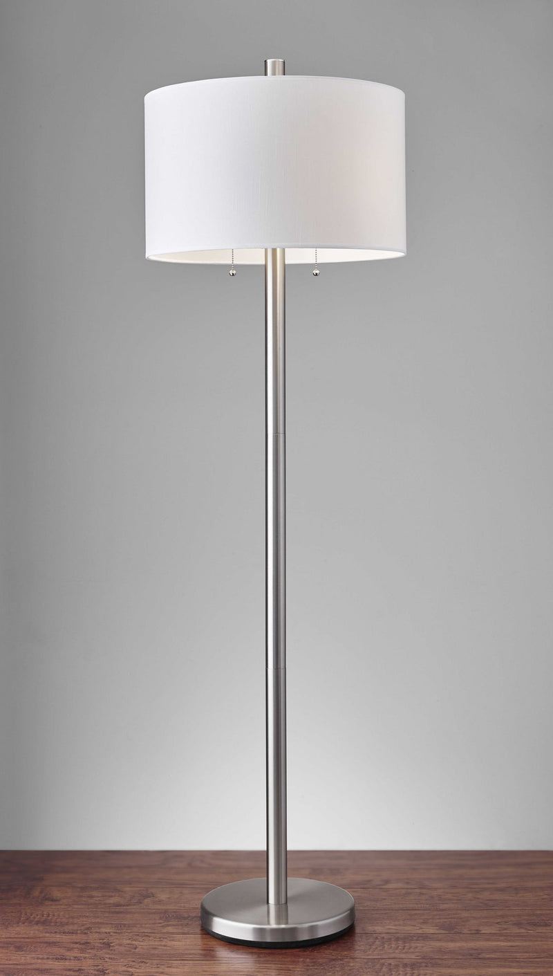 Two Light Traditional Shaped Floor Lamp White Drum Shade - Silver White