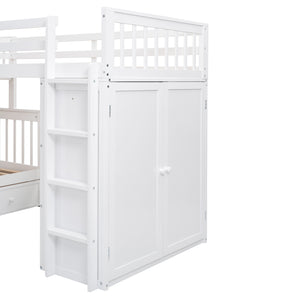 Twin-Twin over Full L-Shaped Bunk Bed With 3 Drawers, Portable Desk and Wardrobe, White