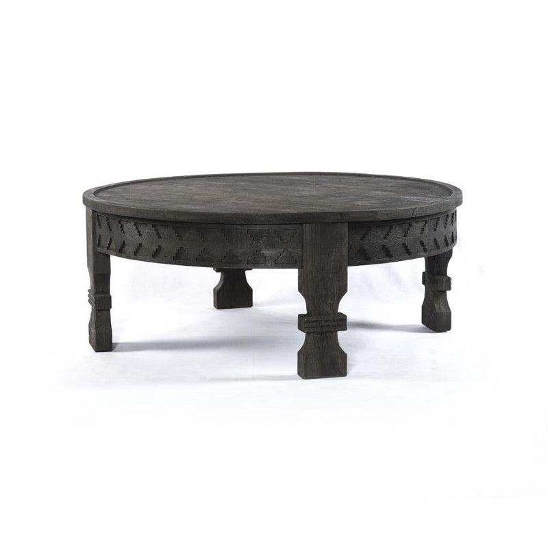 Carved Round Wooden Coffee Table - Black