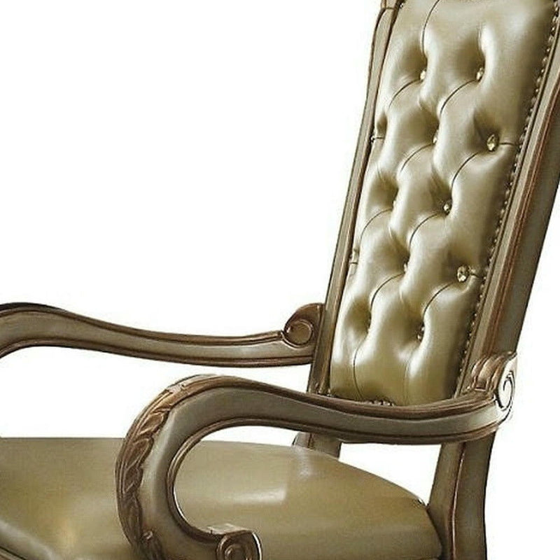 Tufted Faux Leather And Wood Dining Arm Chairs (Set of 2) - Bone