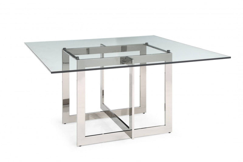 59" Square Glass And Stainless Steel Pedestal Base Dining Table - Clear