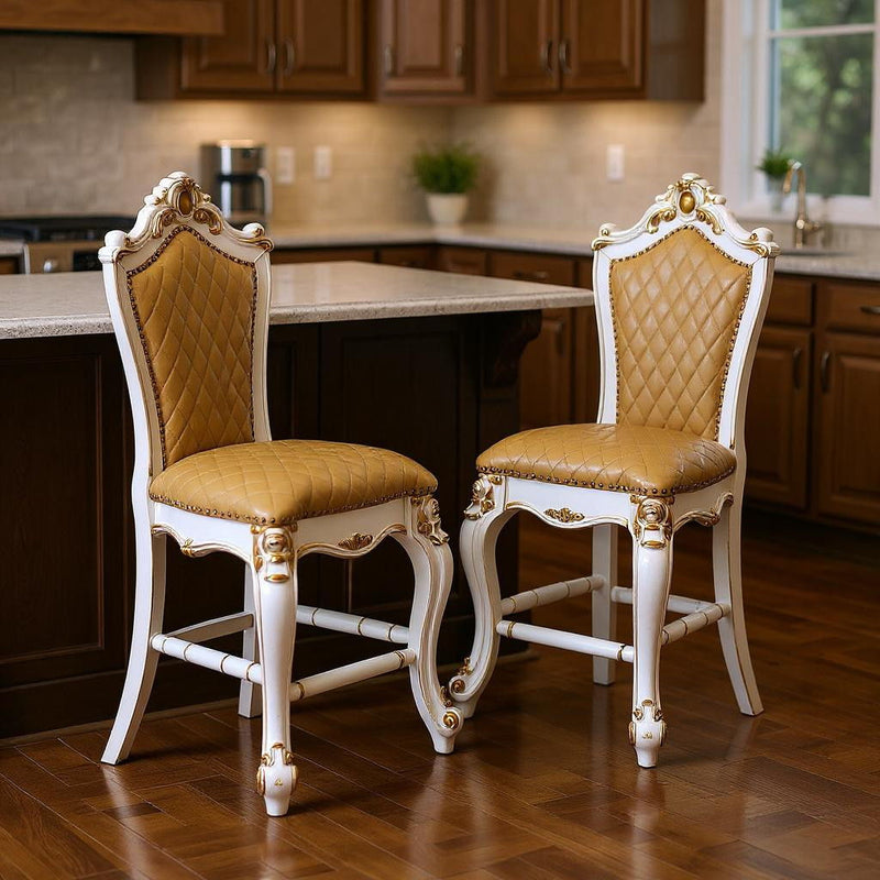 Faux Leather And Solid Wood Counter Height Bar Chairs (Set of 2) - Brown / Pearl